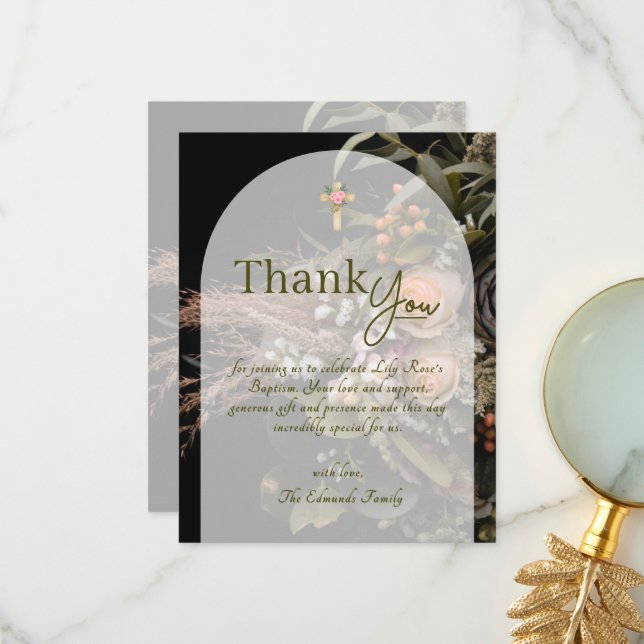 Green Fall Floral Baptism  Thank You Card (Front/Back In Situ)