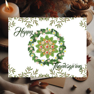 Green Fall Wreath Flora Leaves Happy Thanksgiving  Holiday Postcard