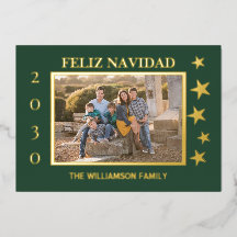 Green Family Photo Feliz Navidad Gold Foil