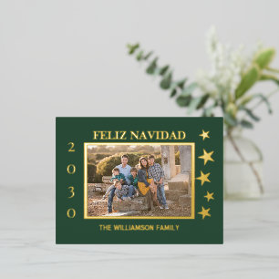 Green Family Photo Feliz Navidad Gold Foil  Holiday Postcard