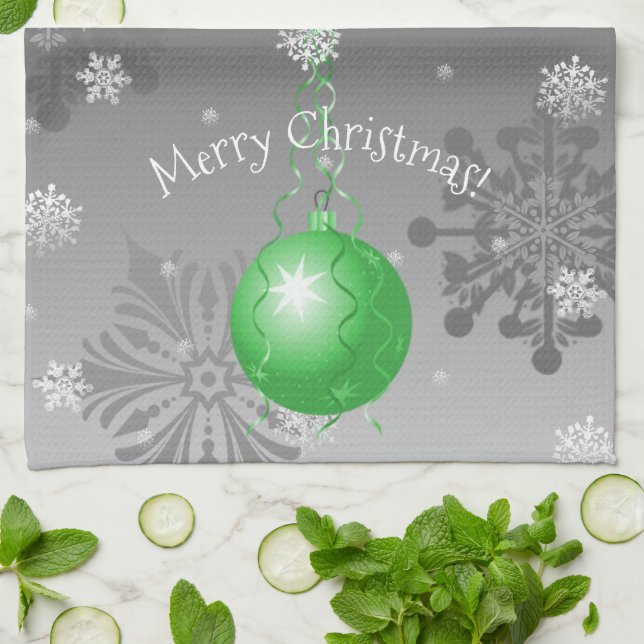 Green Fancy Christmas Ornament Kitchen Towel (Folded)
