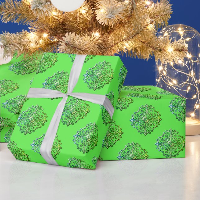 Green Fancy Faux Medallion Pattern Wrapping Paper (Holidays)