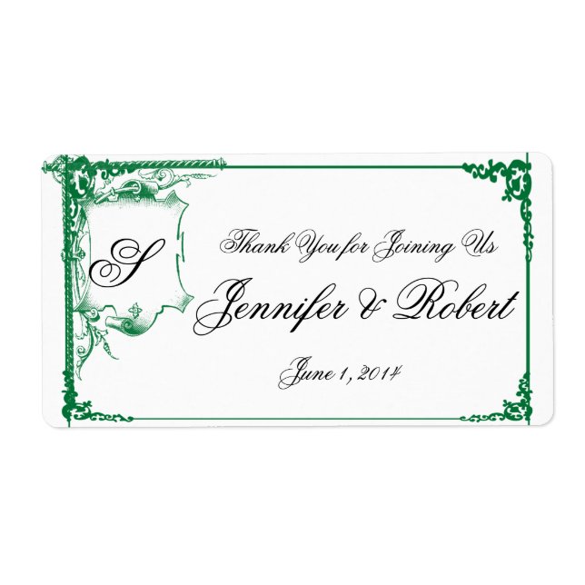 Green Fancy Monogram Wedding Water Bottle (Front)