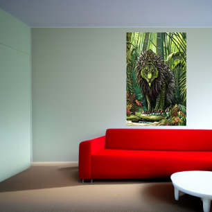 Green fantasy lion beast in the forest   AI Art Poster