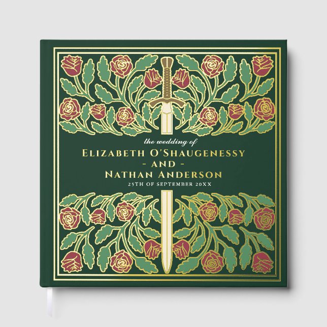 Green Fantasy Royal Mediaeval Sword Wedding Guest Book (Front)