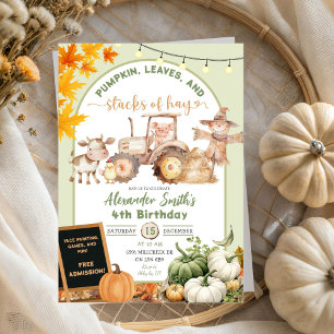 Green Farm Animals Pumpkin Stacks of Hay Birthday Invitation
