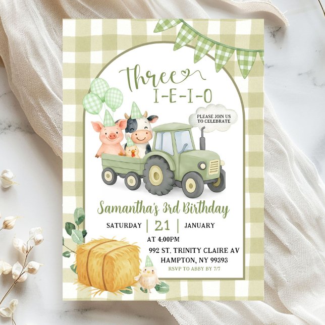 Green Farm Animals Three-i-e-i-o 3rd Birthday Invitation (Creator Uploaded)