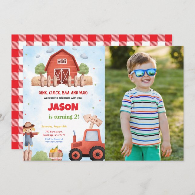 Green Farm Birthday Party Photo Invitation (Front/Back)