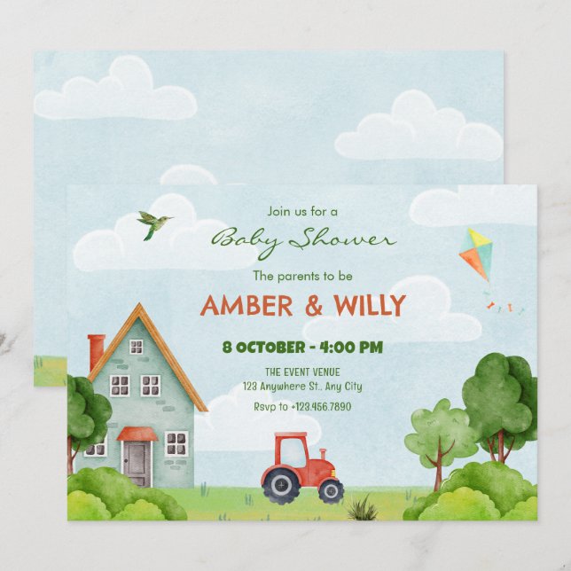 Green farm house baby shower invitation (Front/Back)