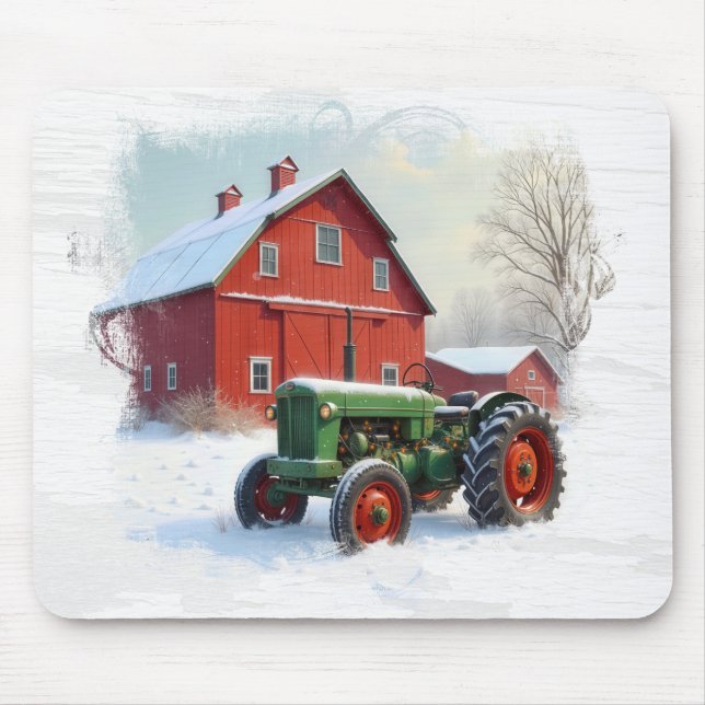 Green Farm Tractor and Red Barn Mouse Mat (Front)