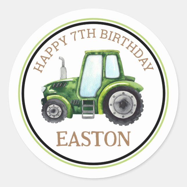 Green Farm Tractor Birthday Party Sticker (Front)