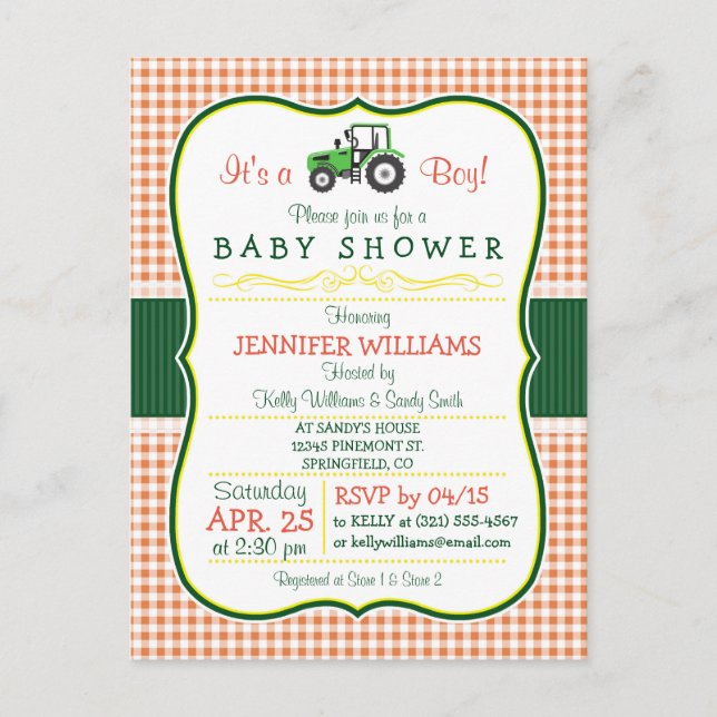 Green Farm Tractor Boy Baby Shower Invitation (Front)