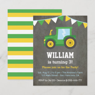 Green Farm Tractor Kids Birthday Party Invitation
