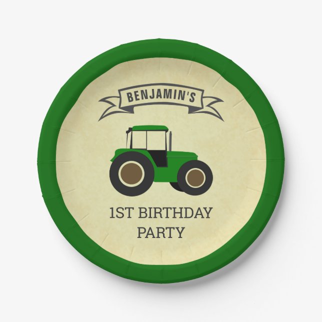 Green Farm Tractor Kids Birthday Party Paper Plate (Front)