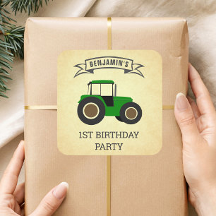 Green Farm Tractor Kids Birthday Party Square Sticker