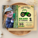 Green Farm Tractor Kids Photo Birthday Party Invitation<br><div class="desc">Amaze your guests with this cool tractor theme birthday party invite featuring a cute green farm tractor with vibrant typography on a vintage parchment background. Simply add your event details on this easy-to-use template and adorn this card with your child's favorite photo to make it a one-of-a-kind invitation. Flip the...</div>