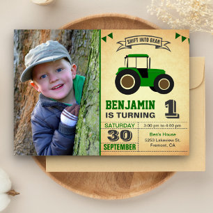 Green Farm Tractor Kids Photo Birthday Party Invitation