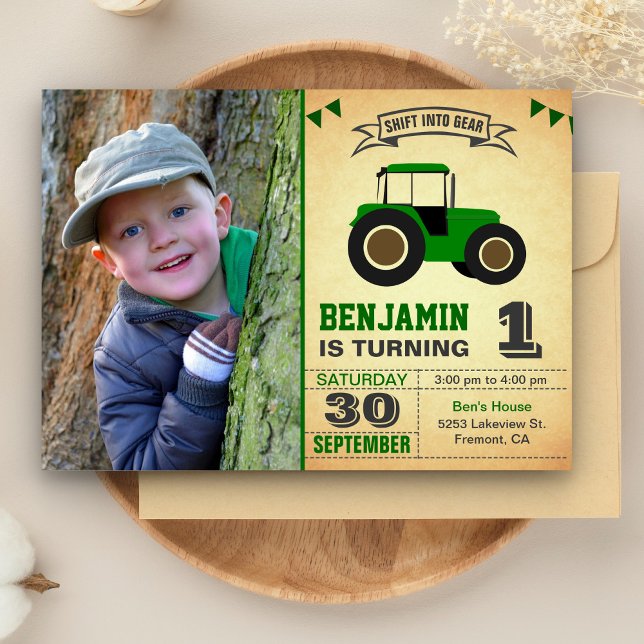Green Farm Tractor Kids Photo Birthday Party Invitation (Creator Uploaded)