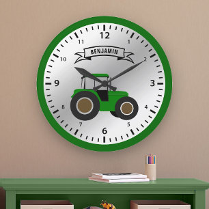 Green Farm Tractor Personalised Name Kids Room Large Clock