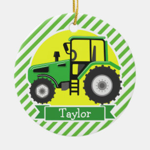 Green Farm Tractor with Yellow;  Green & White Ceramic Tree Decoration