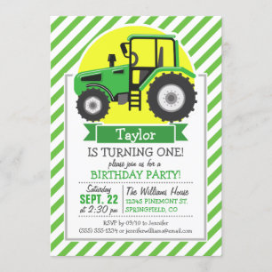Green Farm Tractor with Yellow;  Green & White Invitation
