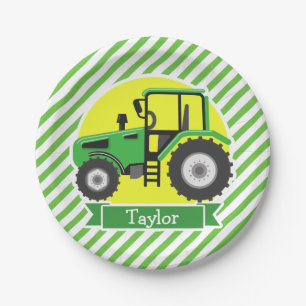 Green Farm Tractor with Yellow;  Green & White Paper Plate