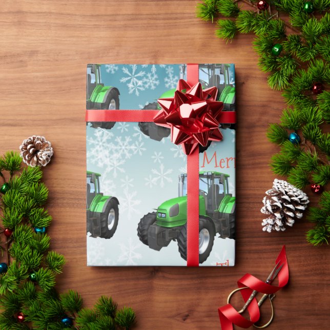 Green Farm Tractors on Blue Christmas  Wrapping Paper (Holiday Gift)