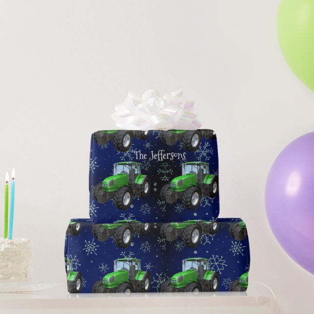 Green Farm Tractors on Blue Christmas Wrapping Paper (Party Gifts)