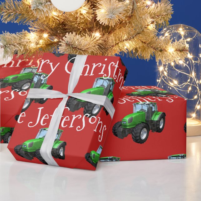 Green Farm Tractors on Red Christmas Wrapping Paper (Holidays)