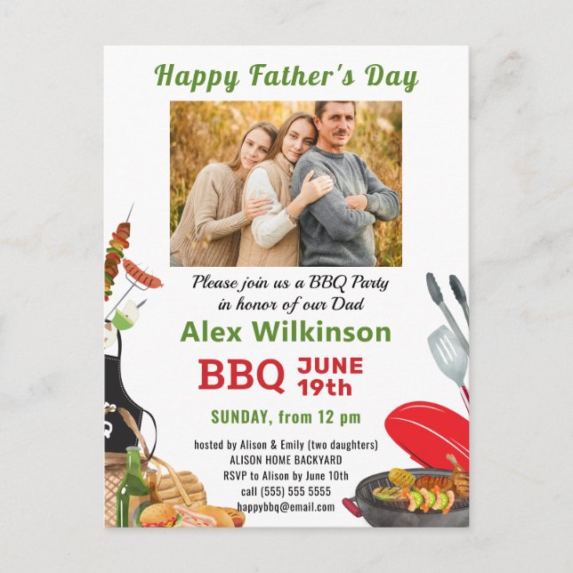 Green Father's Day Photo BBQ Party Invitation Postcard (Front)