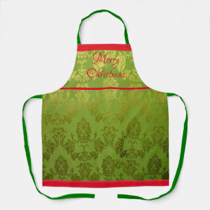  Green Faux Brocade Red Trim Holiday Apron