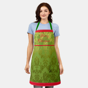  Green Faux Brocade Red Trim Holiday Apron