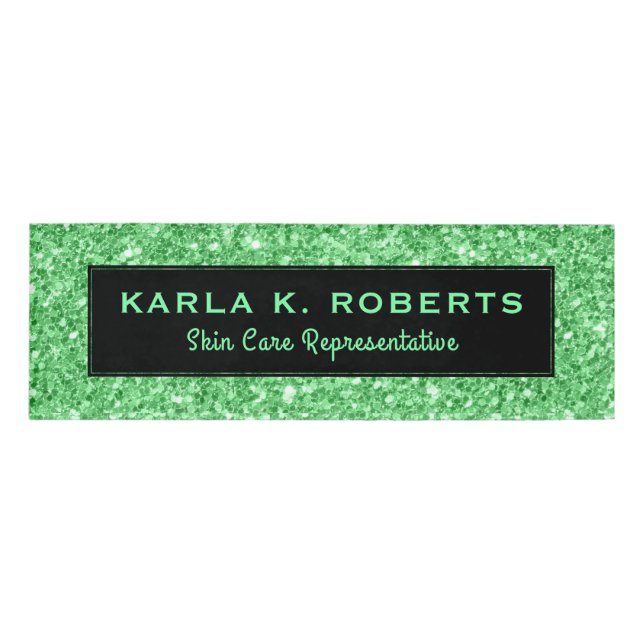 Green faux Glitter Black Accent Name Tag (Front)