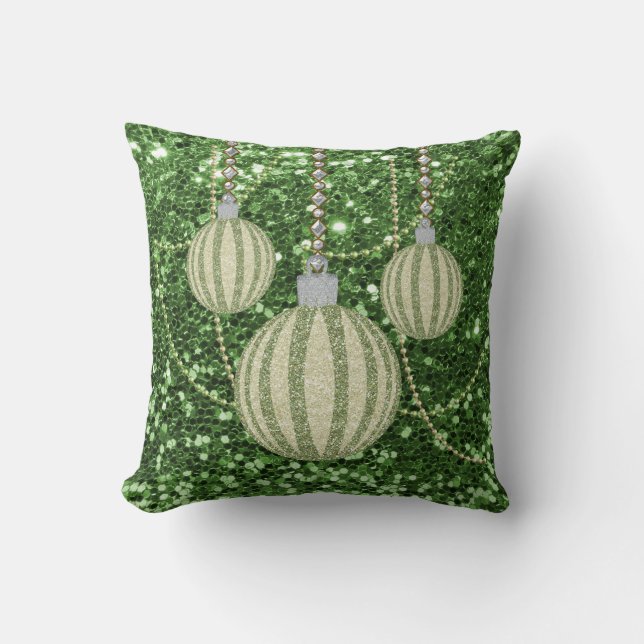 Green Faux Glitter Christmas Ball Ornaments Cushion (Front)