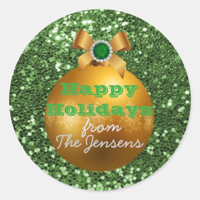 Green Faux Glitter Gold Ball Ornament Classic Round Sticker (Front)