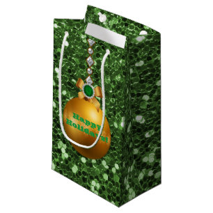 Green Faux Glitter Gold Ball Ornament Jewel Small Gift Bag