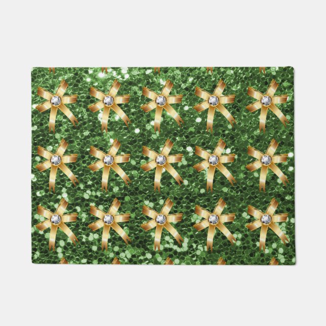 Green Faux Glitter Gold Diamond Bows Doormat (Front)
