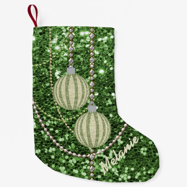 Green Faux Glitter Ornament Balls Small Christmas Stocking (Front)