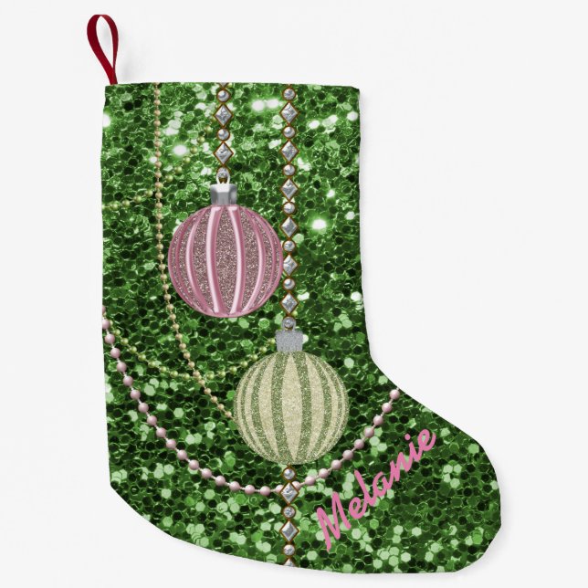 Green Faux Glitter Pink & Green Ornament Balls Small Christmas Stocking (Front)