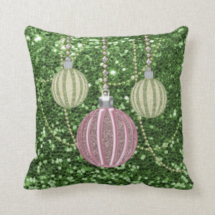 Green Faux Glitter Pink &Green Xmas Ball Ornaments Cushion