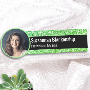 Green Faux Glitter Replaceable Photo or Logo Name Tag