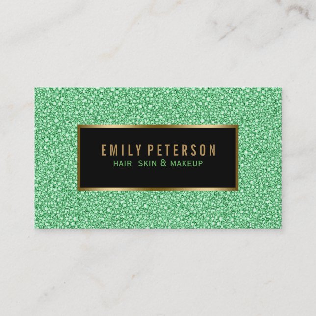 Green Faux Glitter With Black And Gold Accents Business Card (Front)