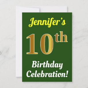 Green, Faux Gold 10th Birthday Celebration + Name Invitation