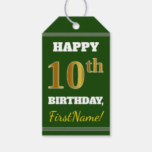 Green, Faux Gold 10th Birthday + Custom Name Gift Tags