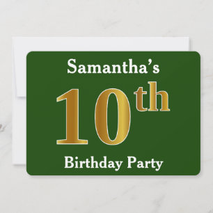 Green, Faux Gold 10th Birthday Party + Custom Name Invitation
