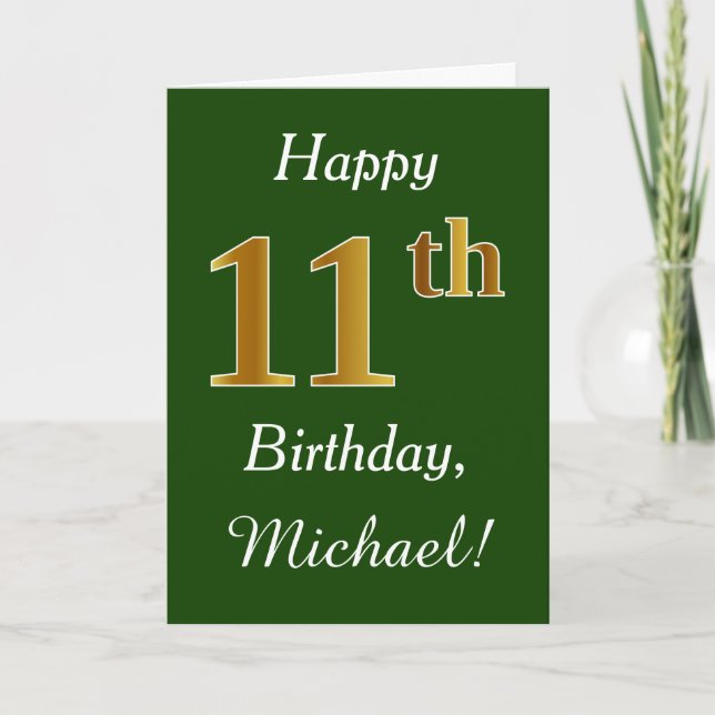 Green, Faux Gold 11th Birthday + Custom Name Card (Front)