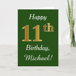 Green, Faux Gold 11th Birthday + Custom Name Card