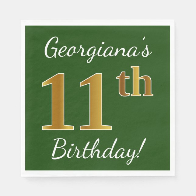 Green, Faux Gold 11th Birthday + Custom Name Napkin (Front)