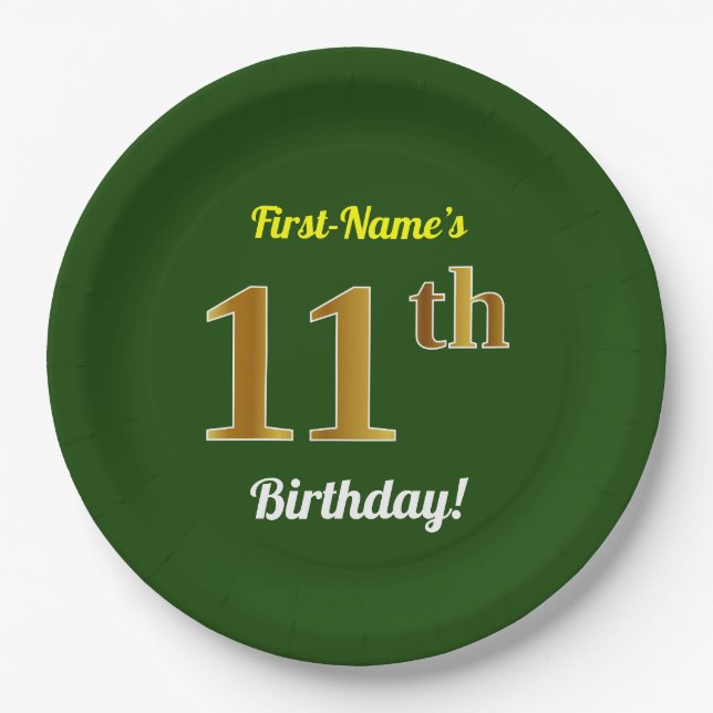 Green, Faux Gold 11th Birthday + Custom Name Paper Plate (Front)