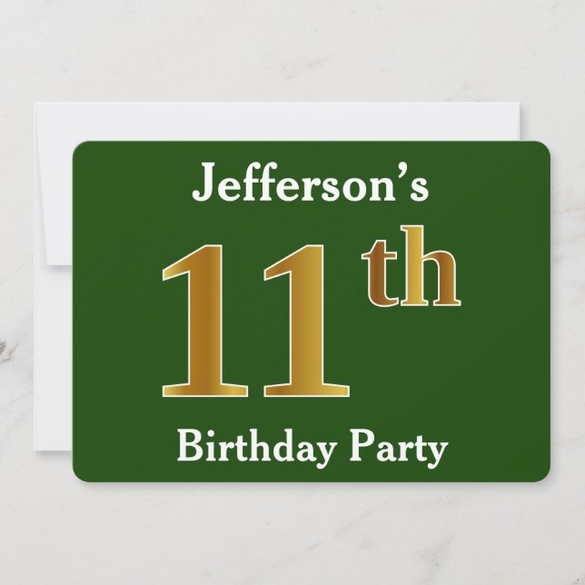 Green, Faux Gold 11th Birthday Party + Custom Name Invitation (Front)